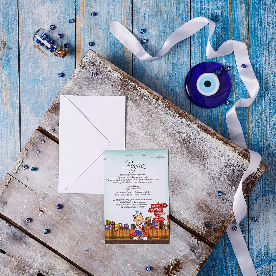 Minimalist çizgili mavi sünnet davetiyesi